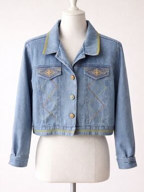 Vintage Cropped Light Blue Embroidered Denim Jacket - Women